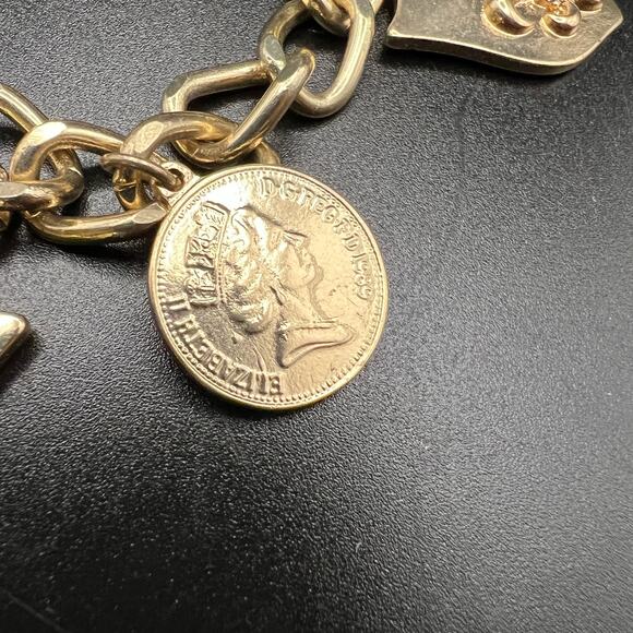 Gold tone charm coins necklace Fleur De Leis shield Queen Elizabeth statement - Picture 7 of 7